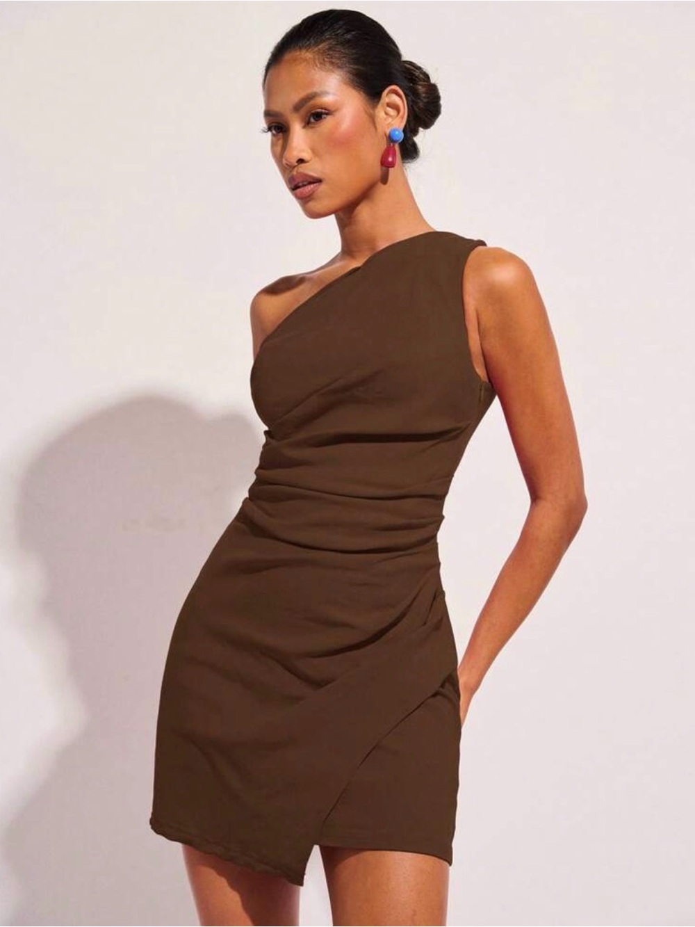 Coffee Pleated Asymmetrical Neck Sleeveless Mini Dress